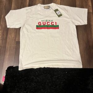 Gucci Men's White Tee with Red and Green Logo